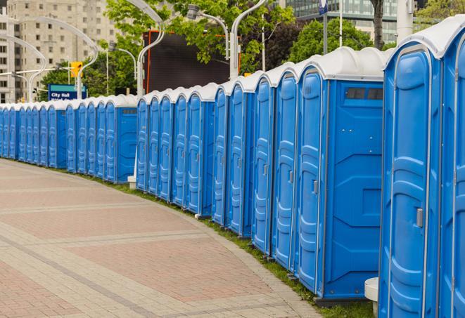 multiple portable restrooms in a neat and tidy row in Bailey's Crossroads